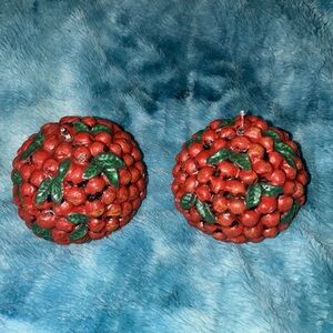 (2) Vtg Candle Red Cranberry Ball Holiday Decor by Tag Red & Green 3" Bunch